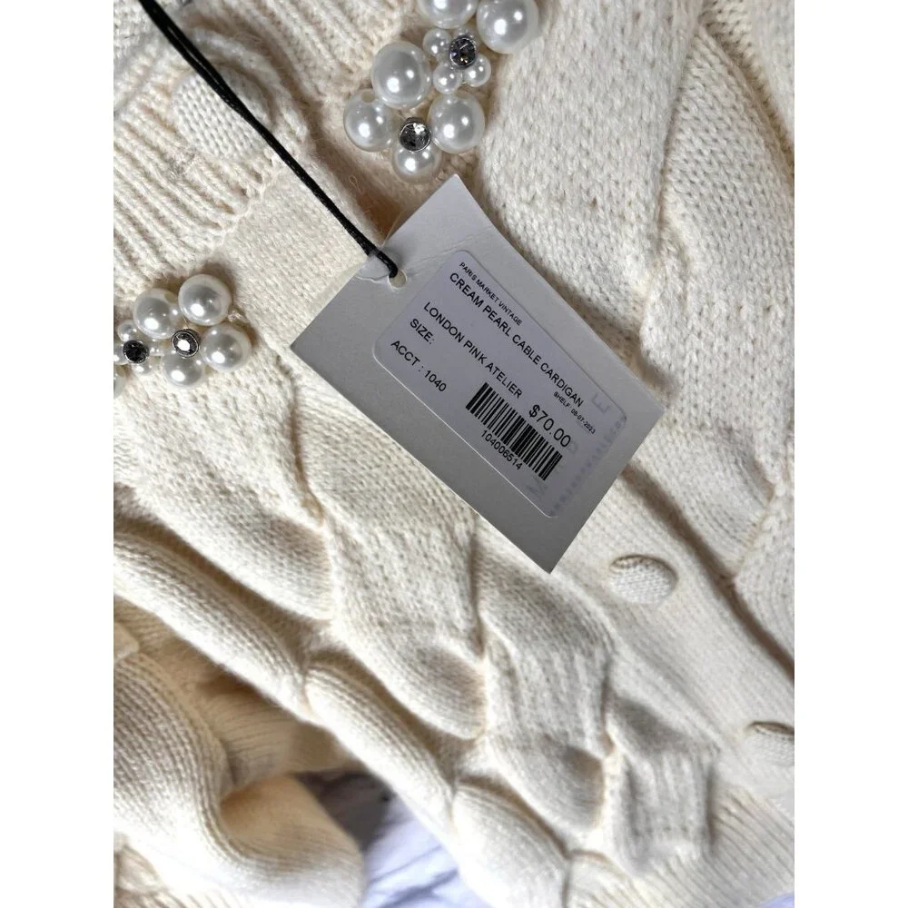 MABLE Women's Cream Pearl Cable Front Button Short Sleeve Sweater Cardigan NWT S - Picture 2 of 5